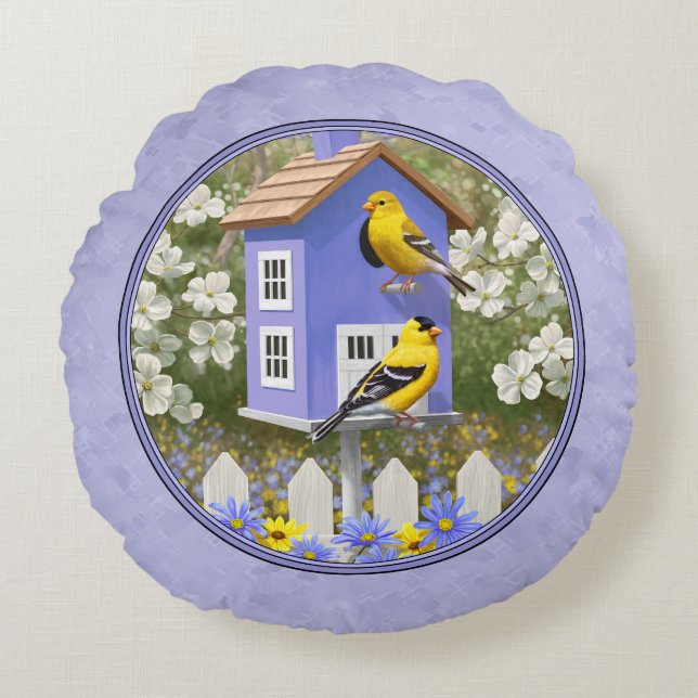 Goldfinches & Cute Birdhouse Lavender Round Pillow (Front)