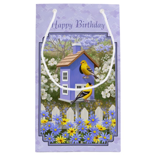 Goldfinches & Cute Birdhouse Lavender Small Gift Bag (Back)