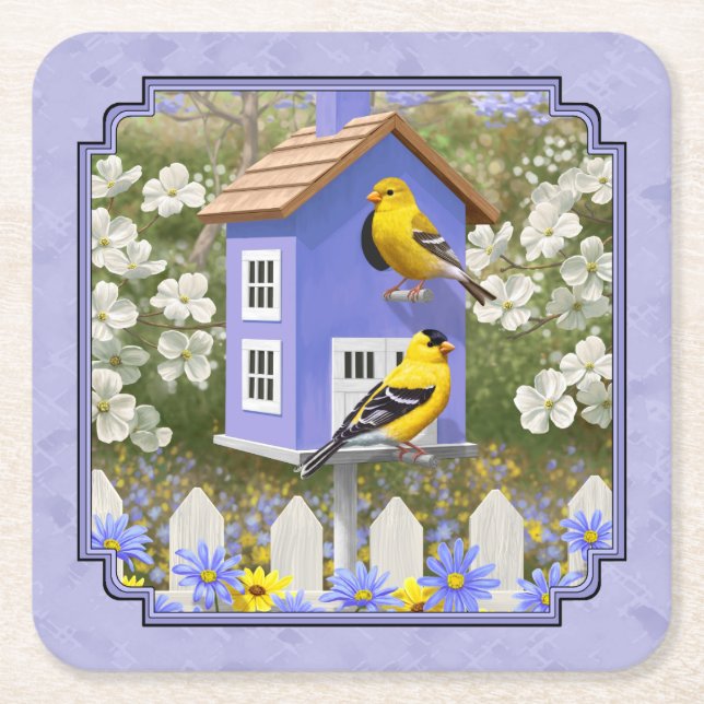 Goldfinches & Cute Birdhouse Lavender Square Paper Coaster (Front)