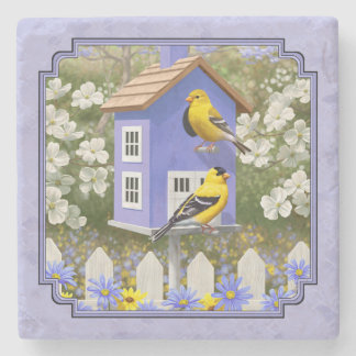 Goldfinches & Cute Birdhouse Lavender Stone Coaster