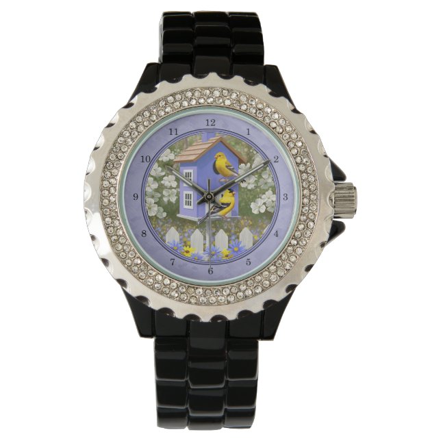 Goldfinches & Cute Birdhouse Lavender Watch (Front)