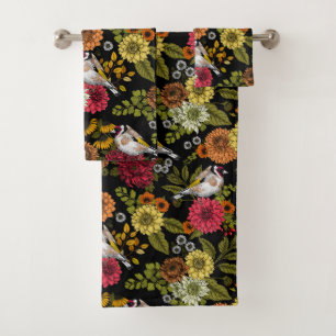 Goldfinches in the garden on black bath towel set