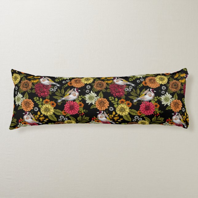 Goldfinches in the garden on black body pillow (Front)