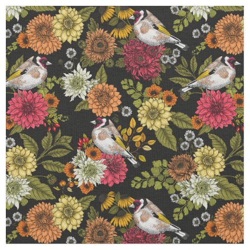 Goldfinches in the garden on black fabric