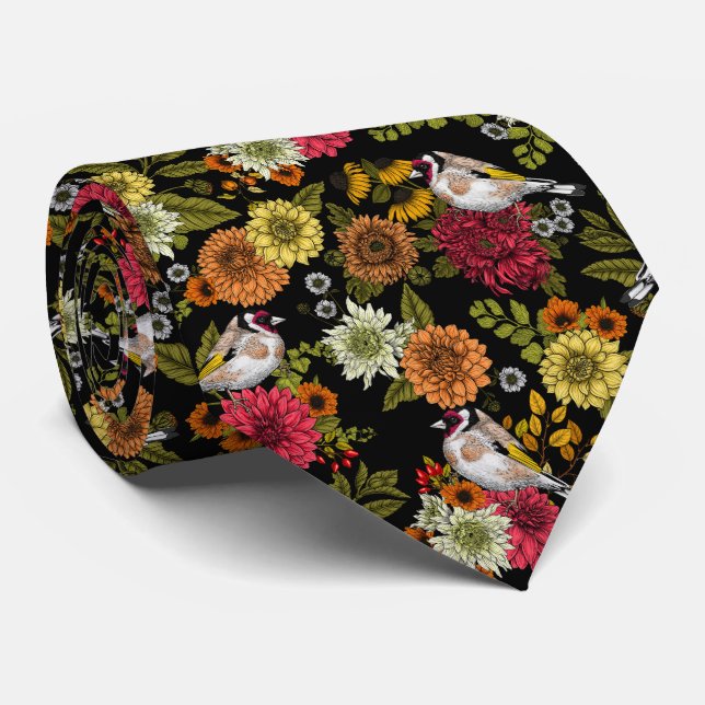 Goldfinches in the garden on black neck tie (Rolled)