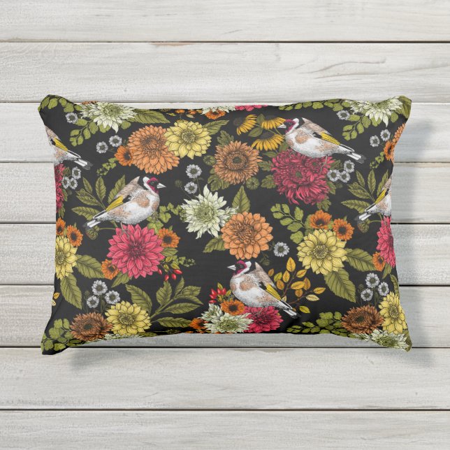 Goldfinches in the garden on black outdoor pillow (Front)