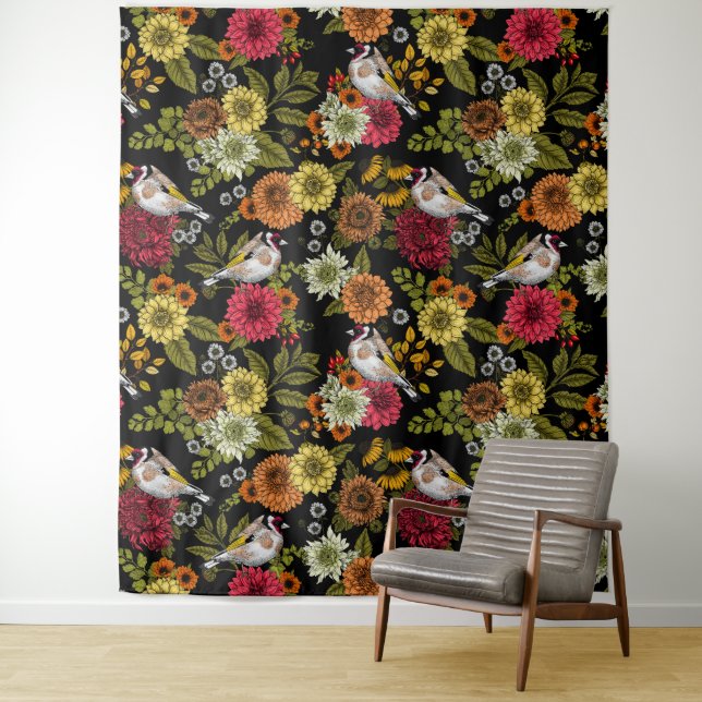 Goldfinches in the garden on black tapestry (In Situ)