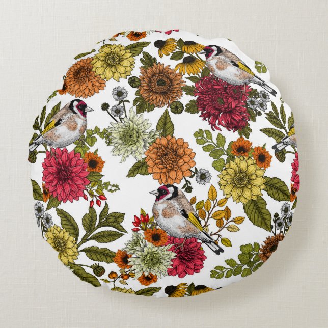 Goldfinches in the garden   round pillow (Front)