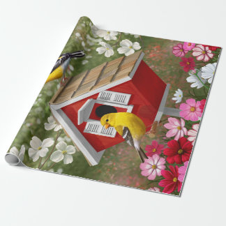 Goldfinches Red Bird House Flower Garden Wrapping Paper