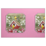Goldfinches &amp; Red Birdhouse Pink Pillow Size Fabric