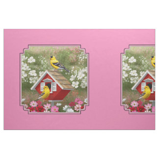 Goldfinches & Red Birdhouse Pink Pillow Size Fabric