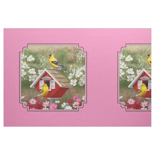 Goldfinches & Red Birdhouse Pink Pillow Size Fabric