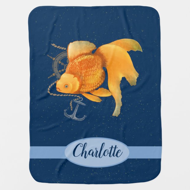 Goldfish Anchor Ship Wheel Nautical Baby Blanket (Front)