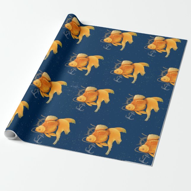 Goldfish Anchor Ship Wheel Nautical Wrapping Paper (Unrolled)