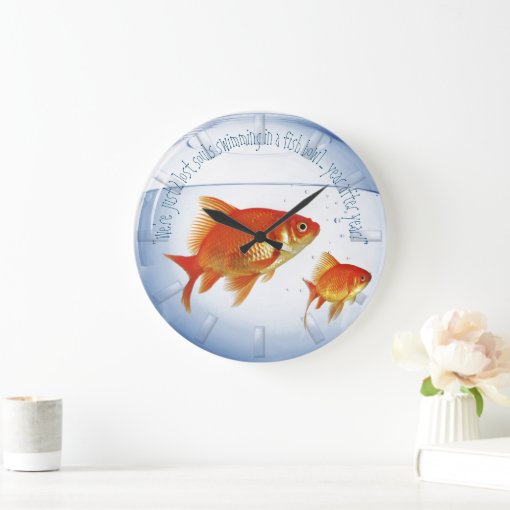 Goldfish bowl clock, wish you were here version large clock Zazzle