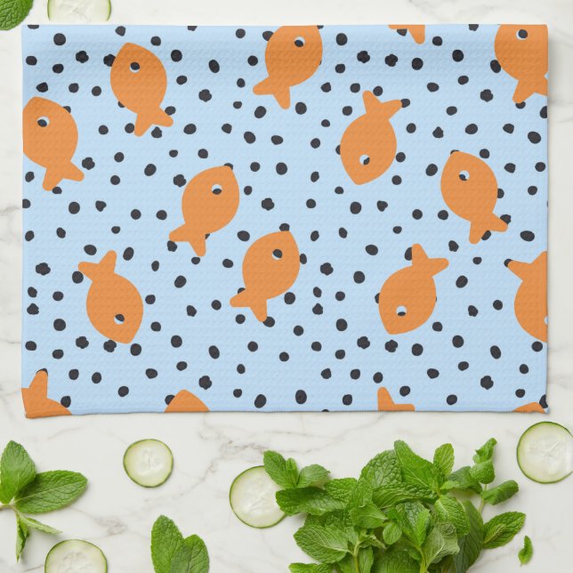 Goldfish Design Orange and Blue Kitchen Towel (Folded)