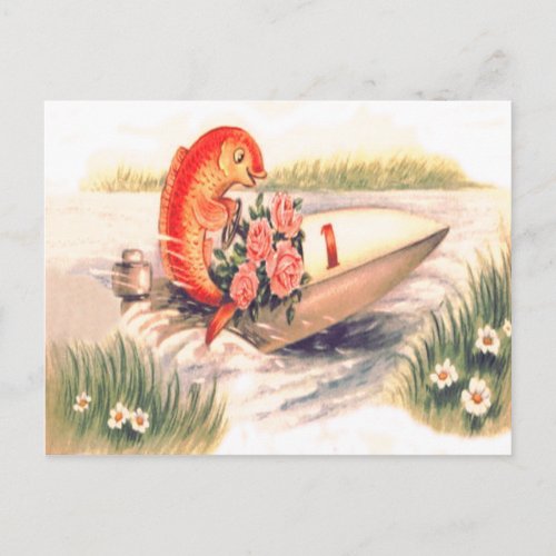 Goldfish Fish Boat Rose Daisy Postcard