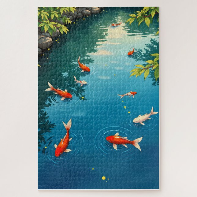 Goldfish in a Tranquil Blue Pond - Retro Japanese  Jigsaw Puzzle (Vertical)