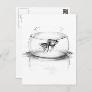 Goldfish in bowl and water Pencil drawing art Postcard