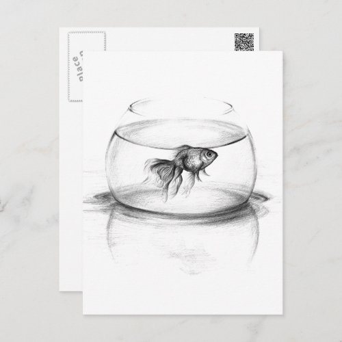 Goldfish in bowl and water Pencil drawing art Postcard