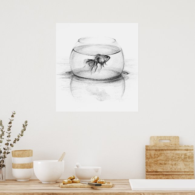 Goldfish in bowl and water Pencil drawing art Poster (Kitchen)