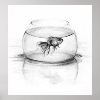 Goldfish in bowl and water Pencil drawing art