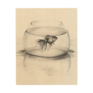 Goldfish in bowl and water Pencil drawing Wood Wall Art