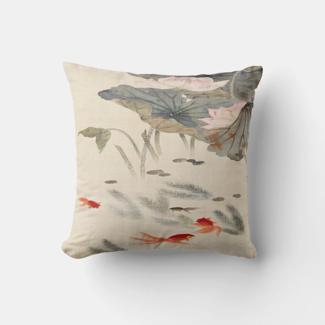 Goldfish in Lotus Pond Chinese Print Throw Pillow (Front)