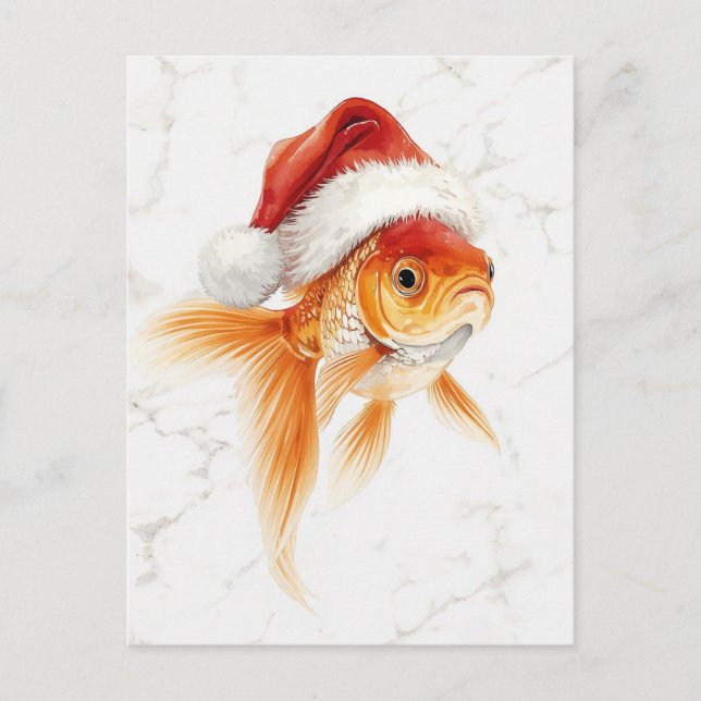 Goldfish in Santa Hat Watercolor Xmas Holiday Postcard (Front)