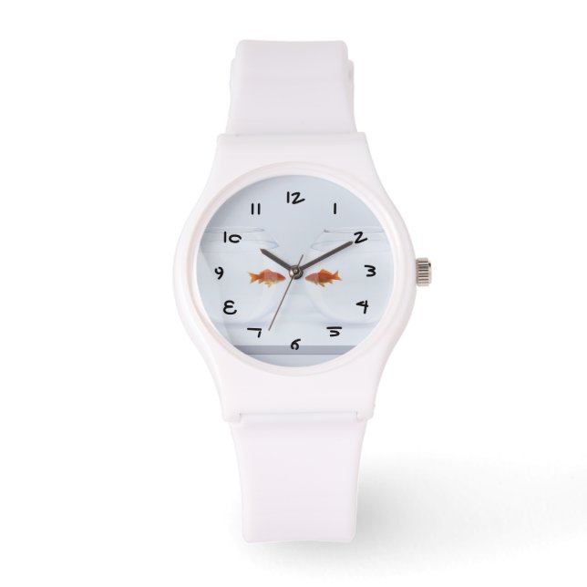 Goldfish in separate fishbowls looking face to fac watch (Front)
