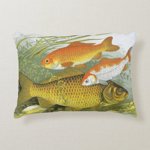 Goldfish Koi Fish, Vintage Marine Aquatic Sea Life Accent Pillow