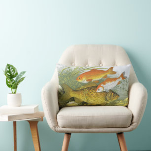 Goldfish Koi Fish, Vintage Marine Aquatic Sea Life Lumbar Pillow