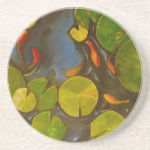 Goldfish Koi Pond Water Lilies Sandstone Coaster