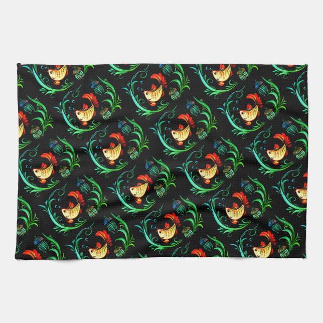 Goldfish on black background kitchen towel (Horizontal)