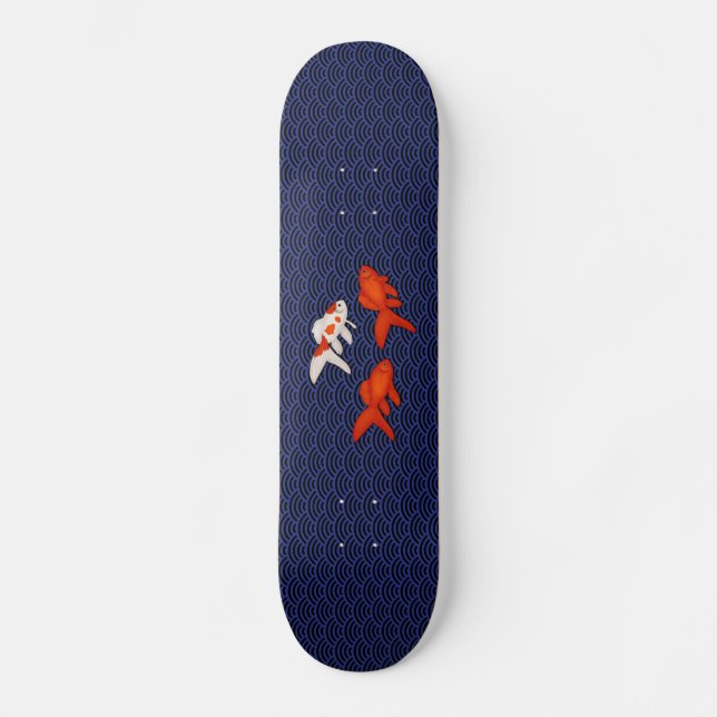 Goldfish on Seigaiha Pattern Japanese Skateboard (Front)
