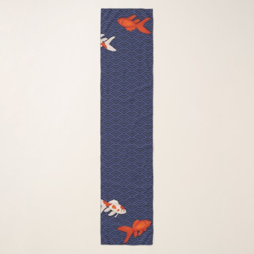 Goldfish on Seigaiha Wave Pattern Japanese Style Scarf