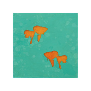 Goldfish orange silhouettes in turquoise water wood wall decor