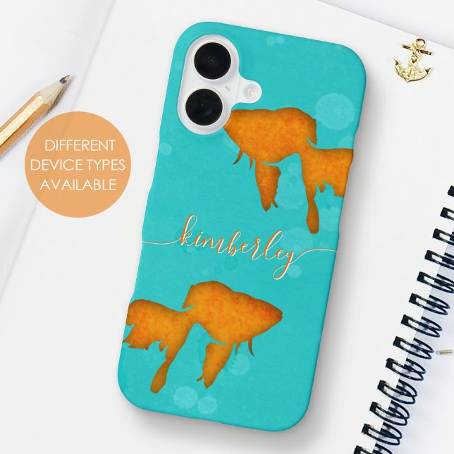 Goldfish Orange Silhouettes Turquoise Water Name iPhone Case (Creator Uploaded)