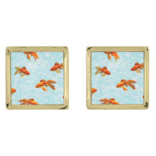 Goldfish Pattern (blue) Gold Cufflinks