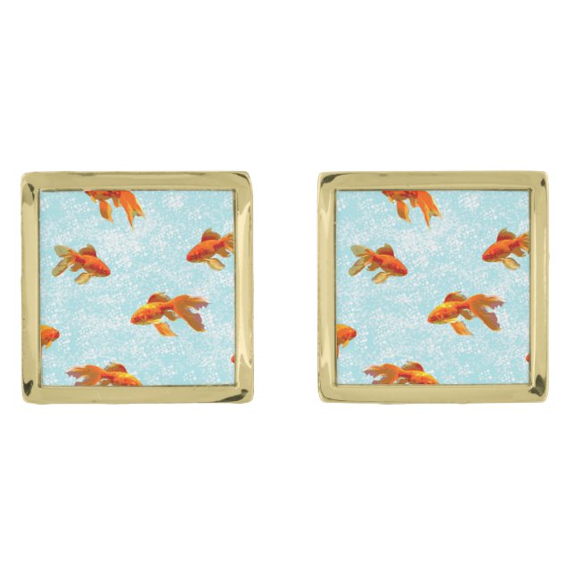 Goldfish Pattern (blue) Gold Cufflinks (Front)
