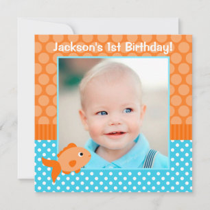 Goldfish Polka Dot 1st Birthday Photo Invitation