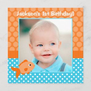 Goldfish Polka Dot 1st Birthday Photo Invitation