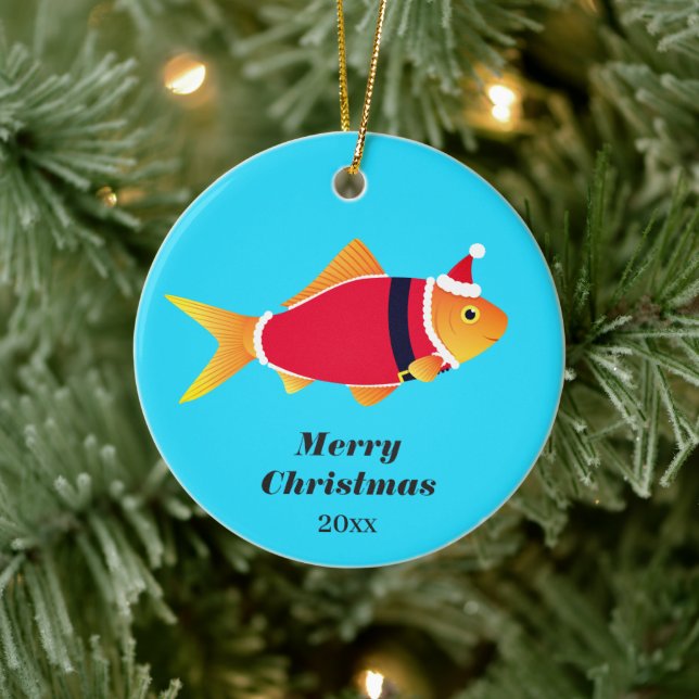 Goldfish Santa Fish Animal Christmas Ceramic Ornament (Tree)