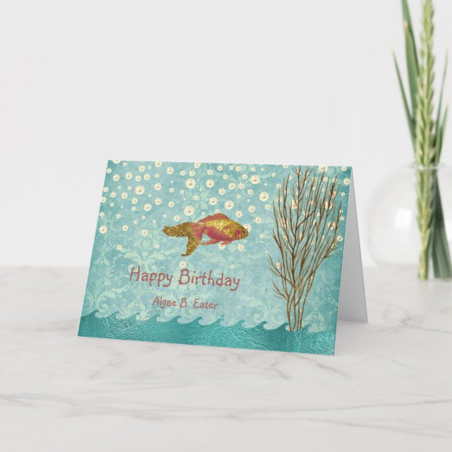 Goldfish Teal Pearl Confetti Seaweed Birthday Card (Front)