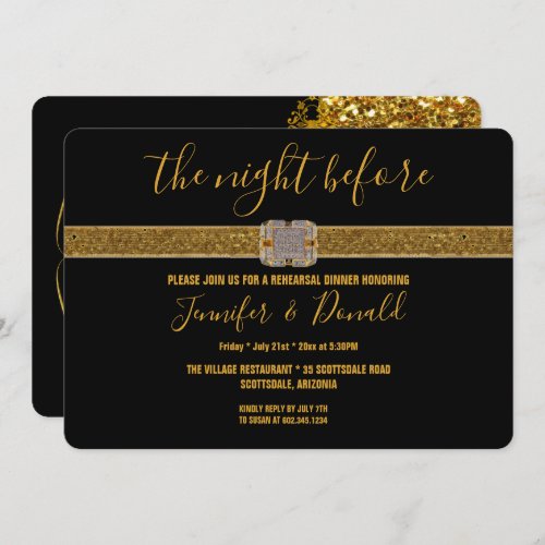 GoldGlitter Ribbon Diamond Brooch Rehearsal Dinner Invitation