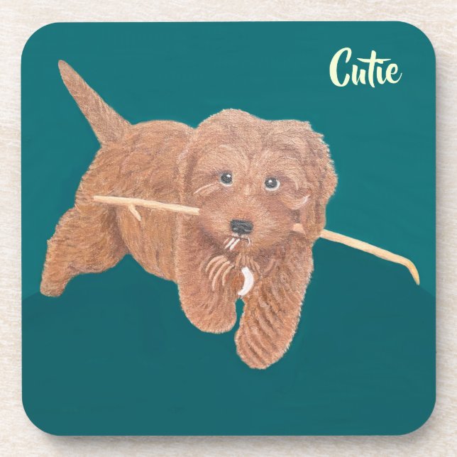 Goldie Doodle Teal Beverage Coasters (Front)