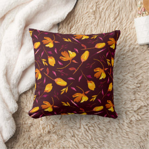 Goldie-Gold and Magenta Poppy Floral on Burgundy Throw Pillow
