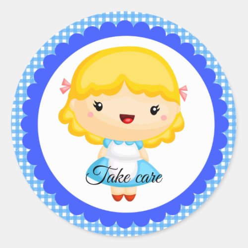 Goldilocks on blue and white gingham  classic round sticker