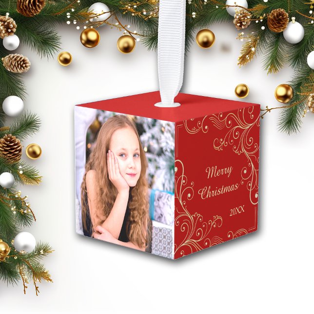 Goldl Swirl on Red Photo Template Cube Ornament (Creator Uploaded)