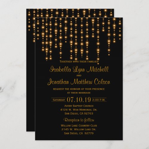 GoldLight Strings and Black Wedding Design Invitation